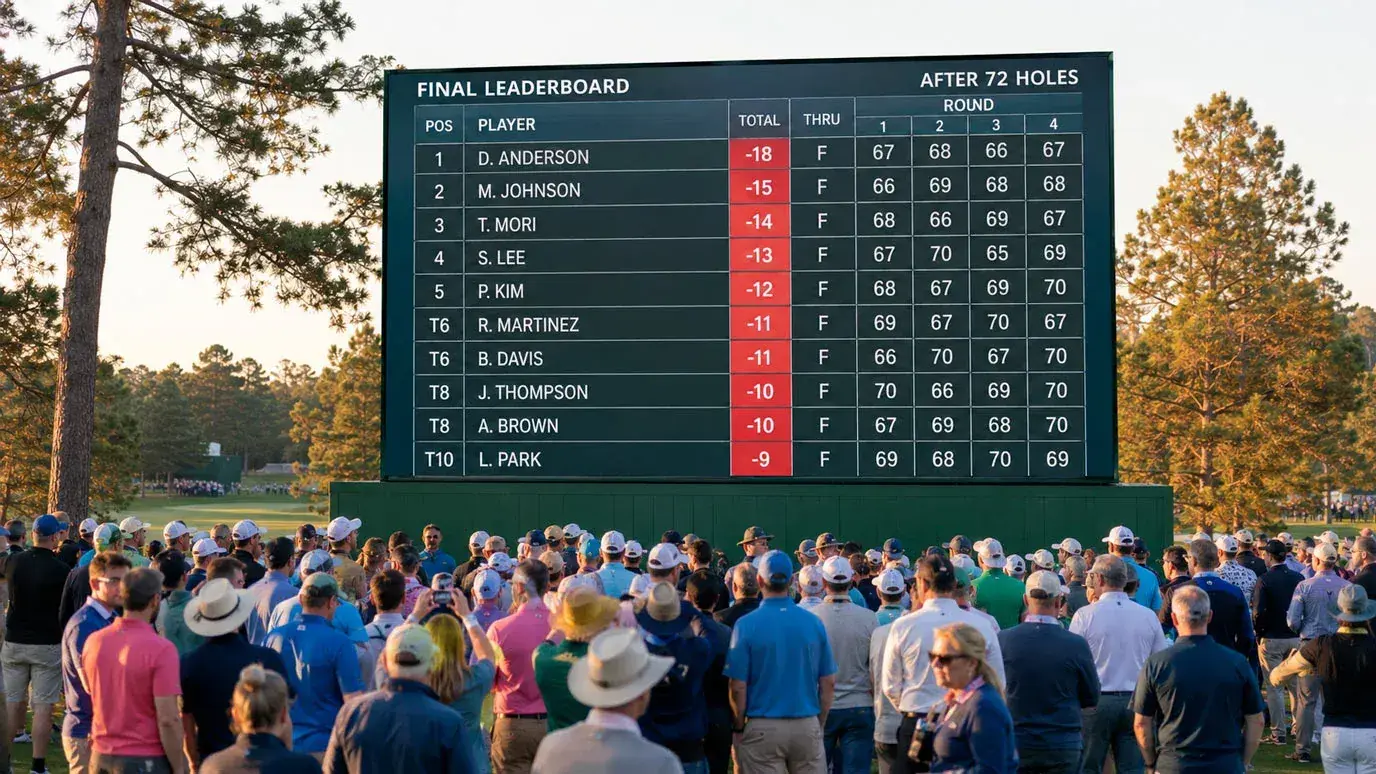 Tournament leaderboard displaying 72-hole standings relevant for matchup settlement