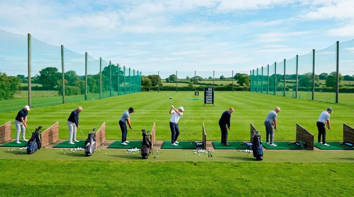Busy golf driving range in England with multiple players practising, illustrating growing golf participation across the UK