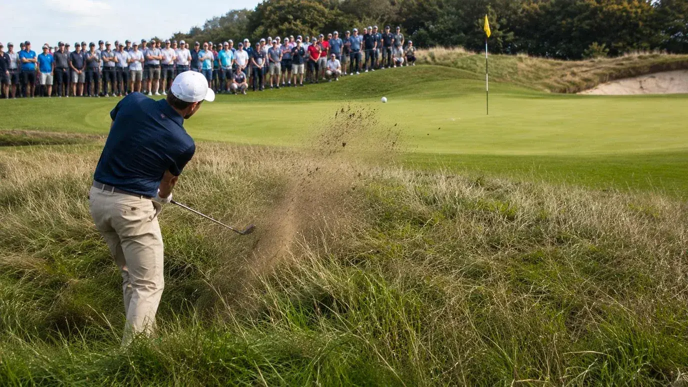 Golfer scrambling from a difficult recovery lie near a penal US Open green