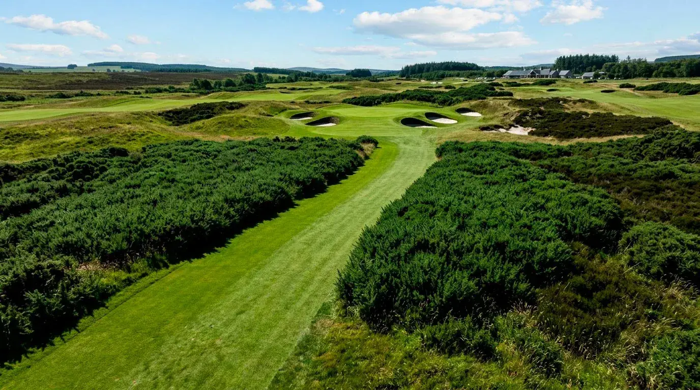 Narrow fairway flanked by thick US Open rough under a punishing USGA championship setup