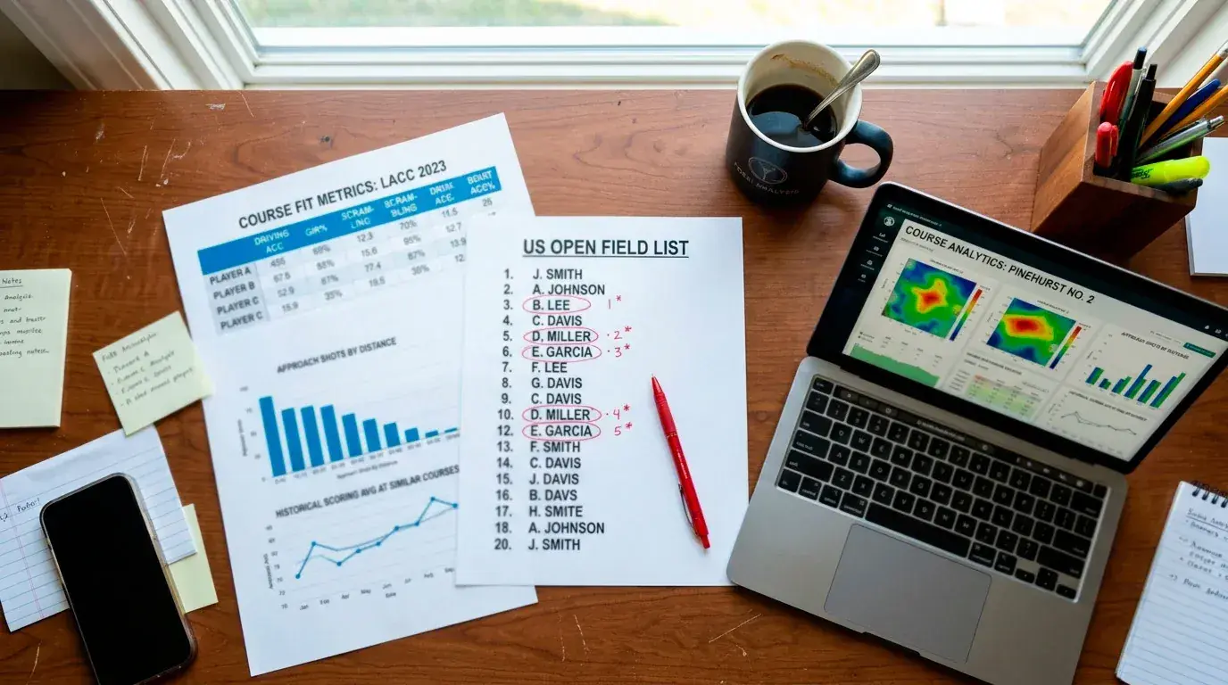 Golf analyst circling player names on a printed US Open selection shortlist