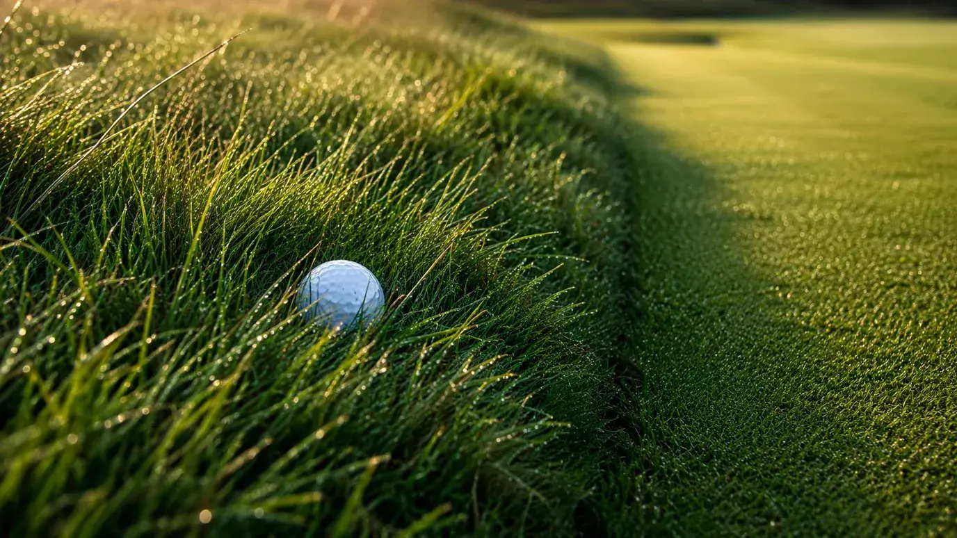 Golf ball sitting in thick four-inch rough beside a narrow US Open fairway