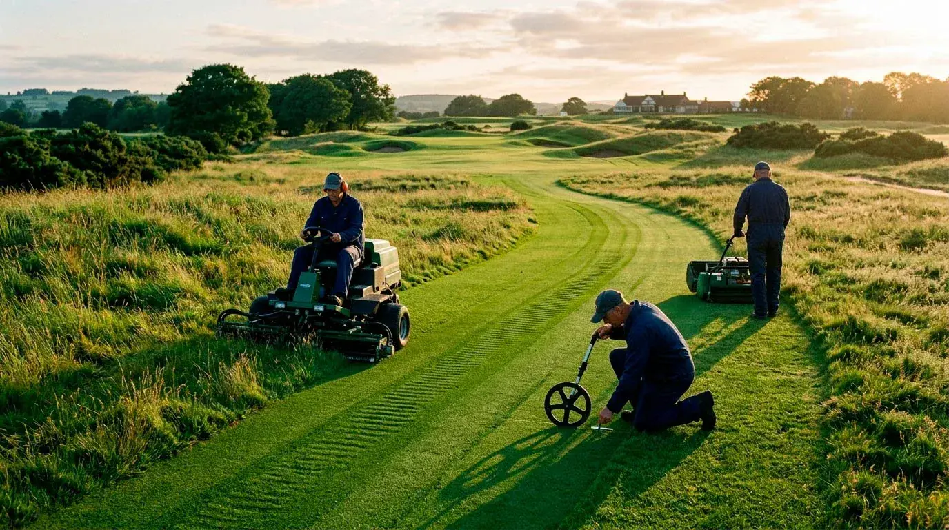 Grounds crew preparing a narrowed fairway with deep rough for US Open conditions
