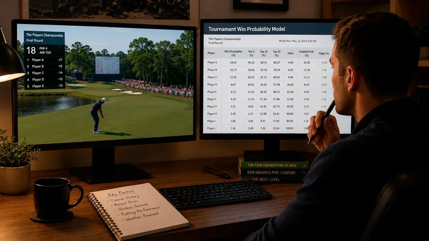 Golf analyst comparing estimated player probability against bookmaker implied odds