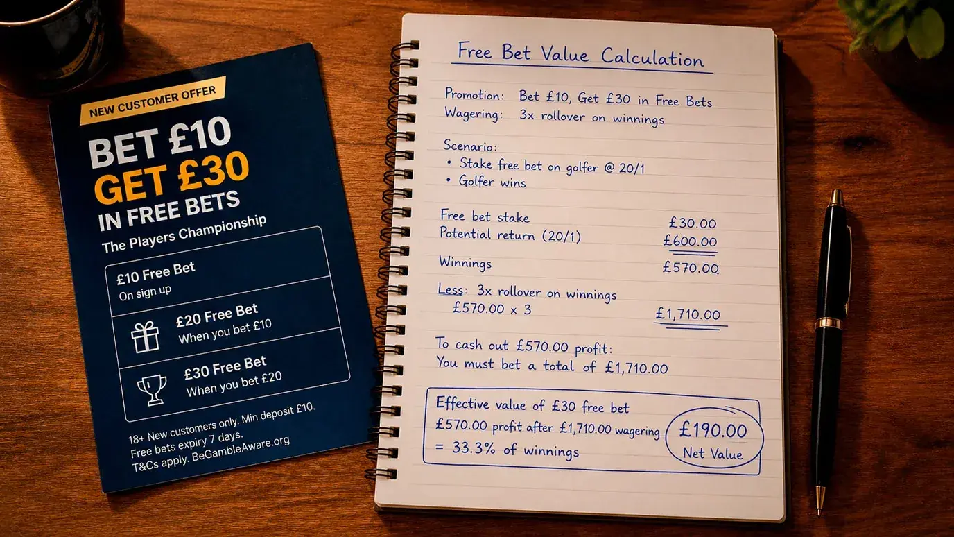Notepad with wagering requirement calculation showing effective free bet value