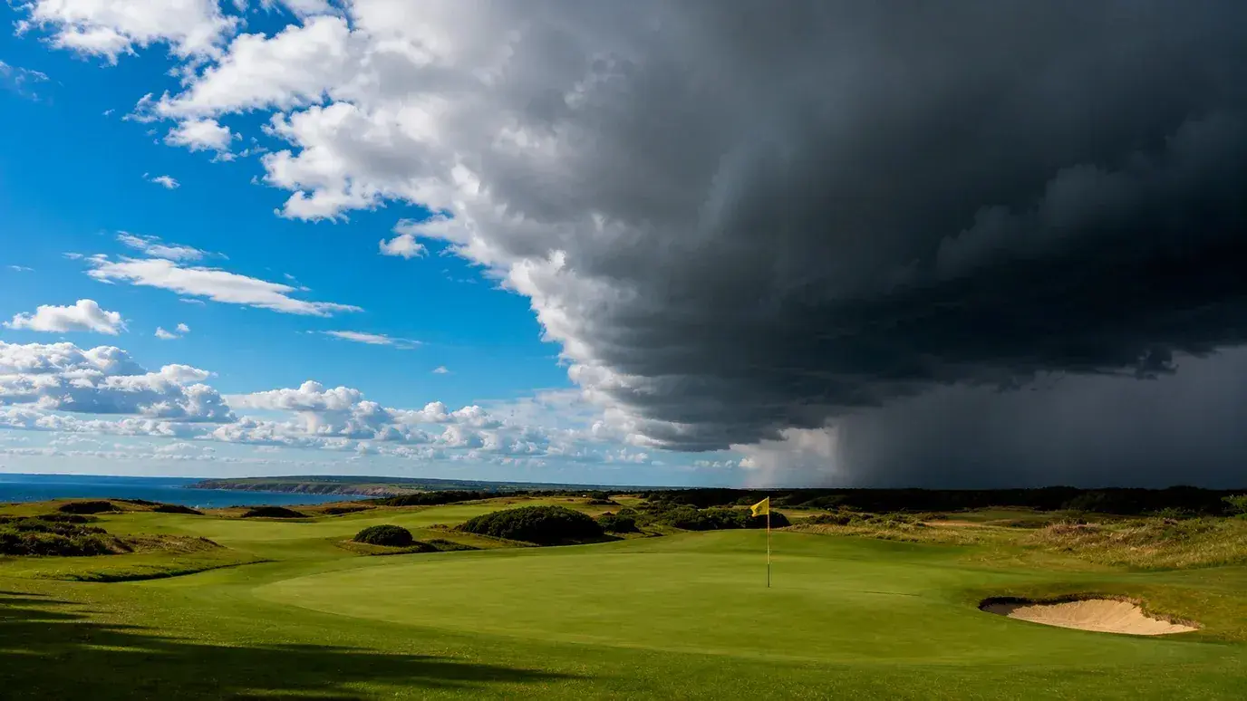 Golf course with contrasting morning calm and afternoon wind conditions affecting tee-time groups