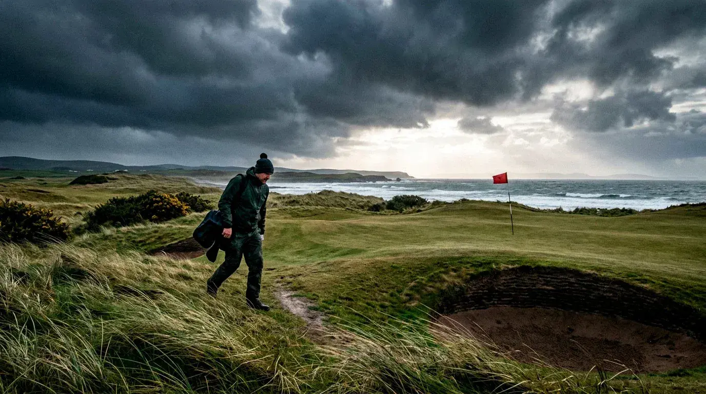 Links golf course under dramatic stormy skies with wind-bent flags on the greens