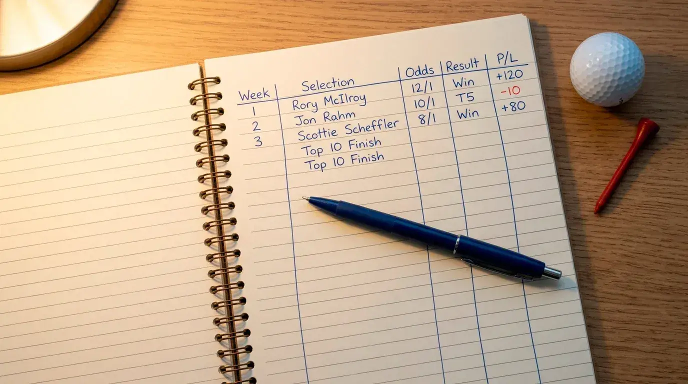 Simple notebook tracking weekly golf bets with selections, odds and results for a four-week starter plan