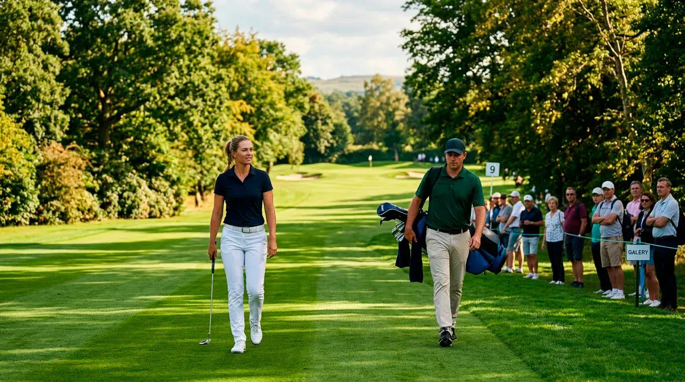 LPGA Tour player walking down a lush fairway during a regular season event